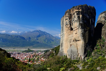 Image showing City of Kalabaka under the picturesque Meteora rock formations in Greece