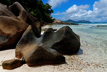 Image showing Scenic granite rocks and ocean at Anse Severe  beach on La Digue island, Seychelles