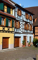 Image showing Nice blue fachwerkhaus, or timber framing house, in Alsace, France