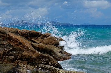 Image showing Scenic splashes of surf at Anse Severe beach on La Digue island, Seychelles