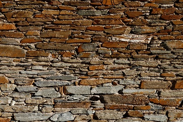 Image showing Texture of old wall built of dark red bricks and stone blocks