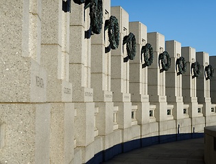 Image showing Detail of World War II memorial in Washington DC: pillars representing states