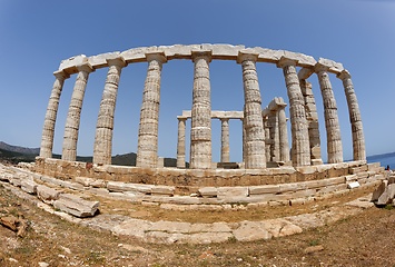 Image showing Fisheye view of ruins of the Temple of Poseidon at Cape Sounion near Athens, Greece. c 440 BC