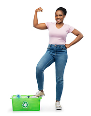 Image showing smiling young asian woman sorting plastic waste