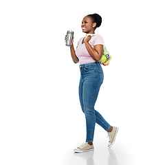 Image showing woman with tumbler and food in string bag