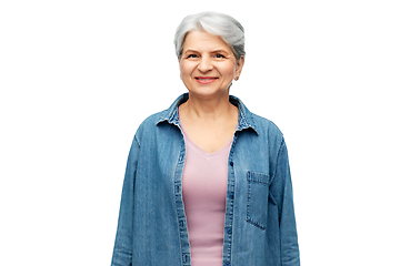 Image showing portrait of smiling senior woman in denim shirt