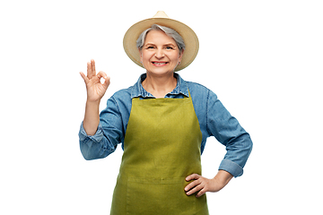 Image showing senior woman in garden apron showing ok gesture