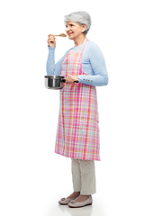 Image showing senior woman in apron with pot cooking food