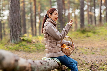 Image showing woman with mushrooms in basket in autumn forest