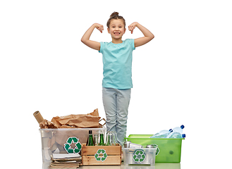 Image showing happy girl sorting paper, metal and plastic waste