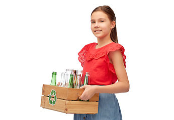 Image showing smiling girl with wooden box sorting glass waste