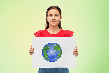 Image showing smiling girl holding drawing of earth planet