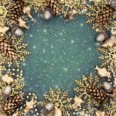 Image showing Christmas Abstract Gold Snowflake and Tree Decorations Backgroun