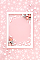 Image showing Pink Christmas Background with Snow Stars and Tree Baubles