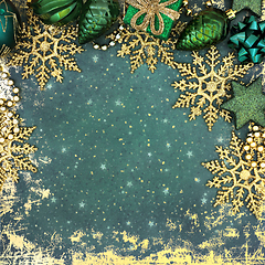 Image showing Christmas Green Tree Decorations and Snowflake Background  