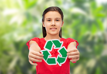 Image showing smiling girl holding green recycling sign