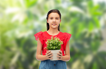 Image showing happy smiling girl holding green flower in pot