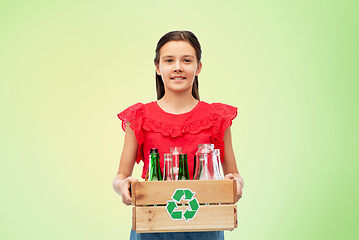 Image showing smiling girl with wooden box sorting glass waste