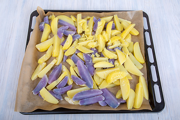 Image showing Raw sliced blue and yellow potatoes