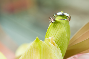 Image showing wedding rings lie on a beautiful bouquet as bridal accessories