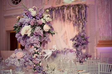 Image showing Festive table decoration in Lilac colours.