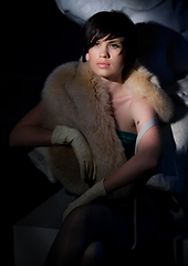 Image showing Winter beauty in luxury. Fashion fur. Beautiful woman in luxury fur coat. Fashion model posing in eco-fur coat