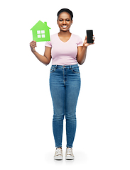 Image showing african woman with smartphone and green house