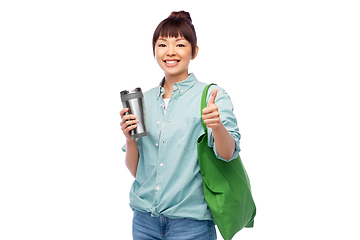 Image showing woman with tumbler and reusable food shopping bag