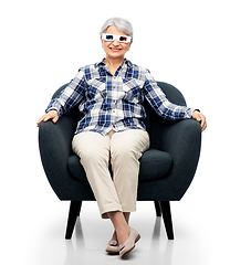 Image showing smiling senior woman in 3d glasses watching movie