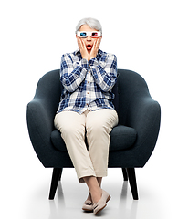 Image showing scared senior woman in 3d glasses watching movie