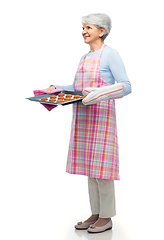 Image showing senior woman in apron with cookies on baking pan