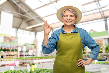 Image showing senior woman showing ok gesture at garden store