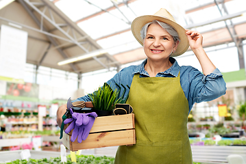 Image showing senior woman with tools in box at garden store