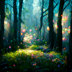 Image showing Beautiful sunny summer morning in magic forest. Forest in the mo