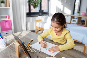 Image showing little girl drawing with coloring pencils at home