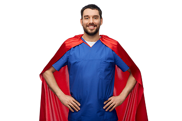 Image showing smiling doctor or male nurse in superhero cape