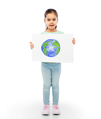 Image showing smiling girl holding drawing of earth planet
