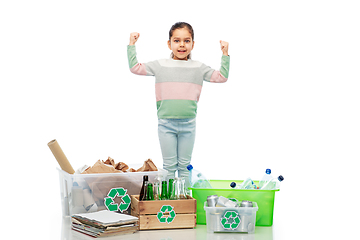 Image showing happy girl sorting paper, metal and plastic waste