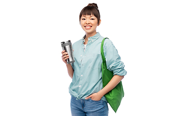 Image showing woman with tumbler and reusable food shopping bag