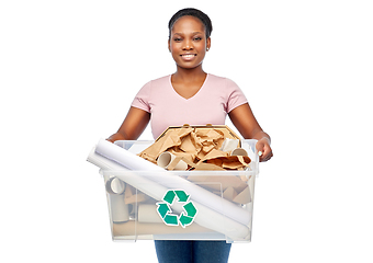 Image showing happy african american woman sorting paper waste