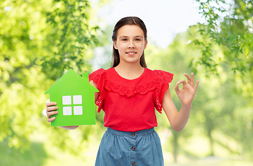 Image showing happy little girl with green house icon showing ok