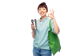 Image showing woman with tumbler and reusable food shopping bag