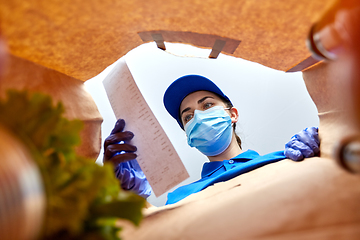 Image showing delivery girl in gloves and mask with food in bag