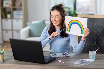 Image showing teacher with laptop having online class at home