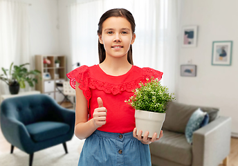 Image showing happy girl holding flower in pot showing thumbs up