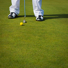 Image showing Playing golf. Golf club and ball. Preparing to shot