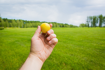 Image showing Hand with golf ball over a golf course