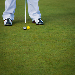 Image showing Playing golf. Golf club and ball. Preparing to shot