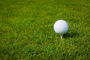 Image showing Golf ball on a tee against the golf course with copy space