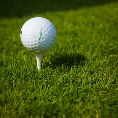 Image showing Golf ball on a tee against the golf course with copy space